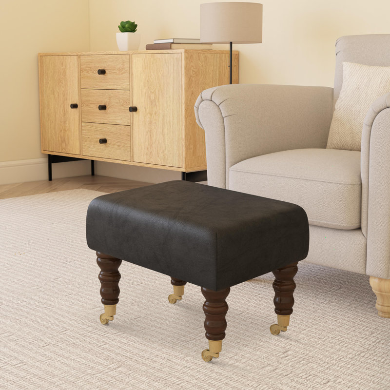 Manufactured Wood Accent Stool, Mahogany, Black, Italian Leather