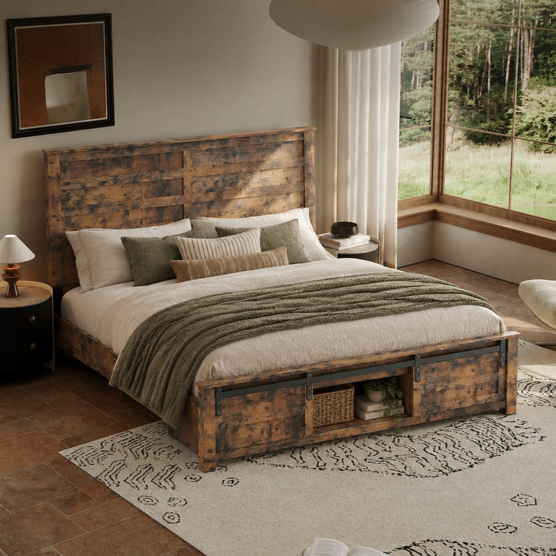 Queen Size Retro Farmhouse Bed with Storage Footboard, LED & Charging Station Headboard
