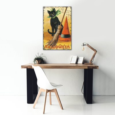 «The Holiday Aisle®» Halloween Nostalgia Cat With Broom »par Katie pertiet, art mural sur toile