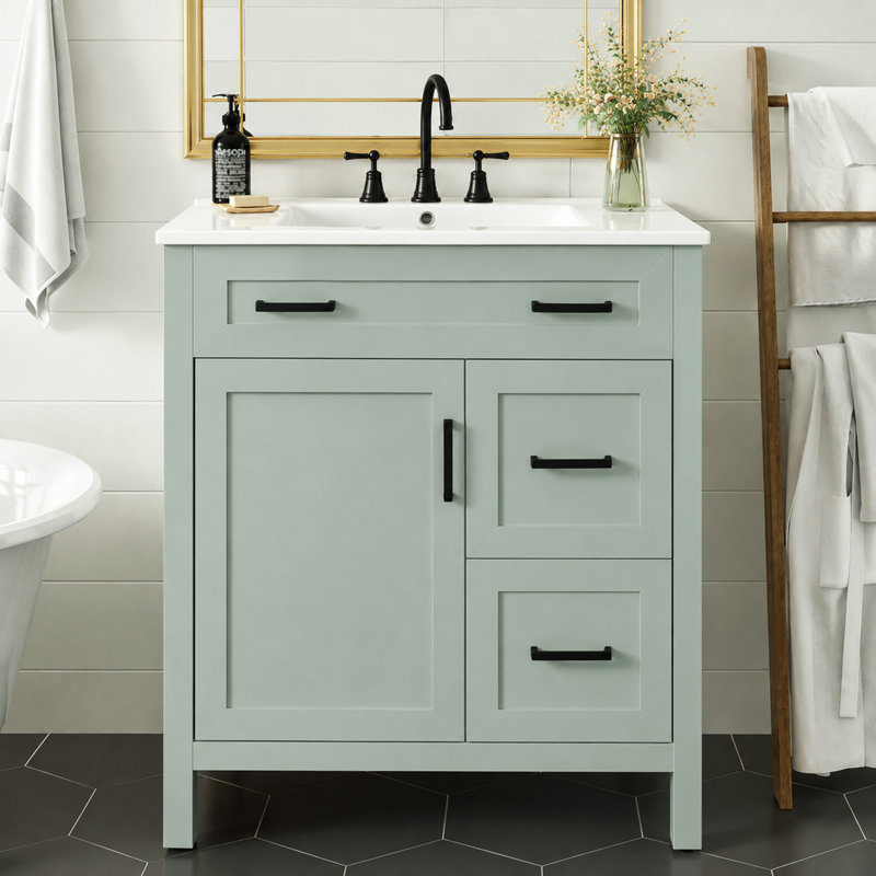 Meuble-lavabo 30 po vert sauge avec lavabo en céramique, structure en bois massif, 2 tiroirs à fermeture en douceur, 1 porte à fermeture en douceur, tablette réglable et poignées noires