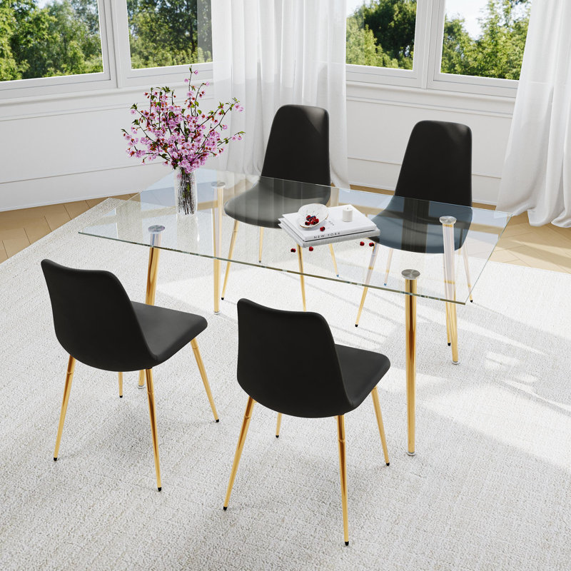 Ensemble de salle à manger à quatre pieds avec plateau en verre, 5 pièces: table, 4 chaises, Noir et or