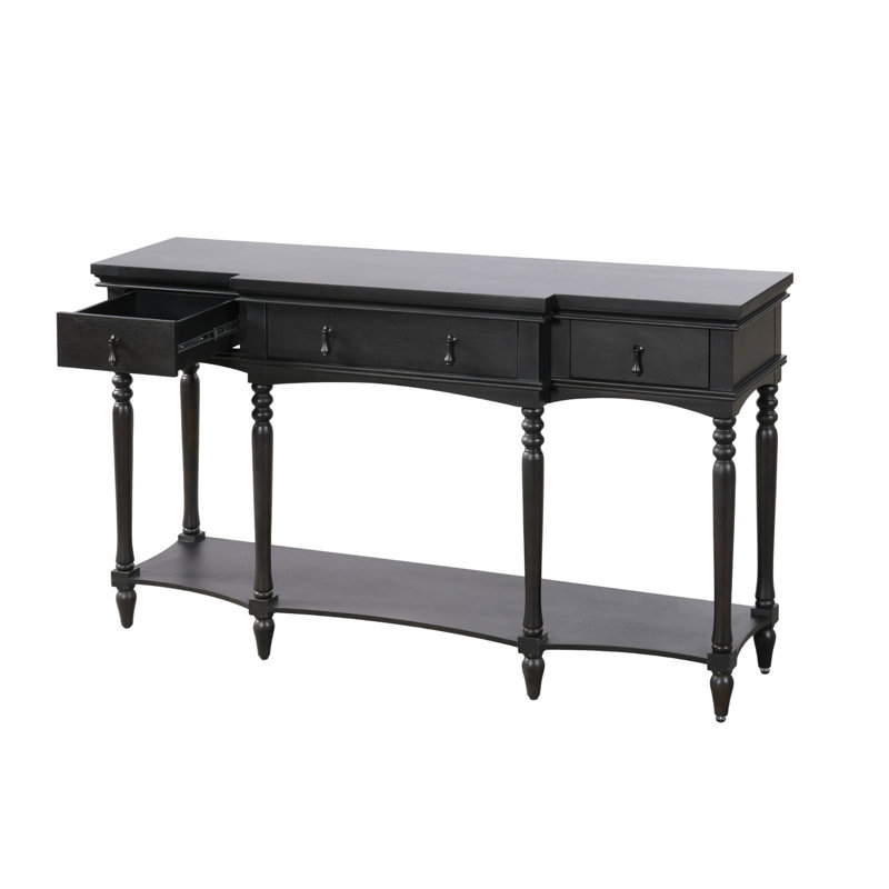 Console noire traditionnelle avec tiroirs à fermeture en douceur et tablette inférieure, canapé d'entrée en bois massif à pieds romains tournés