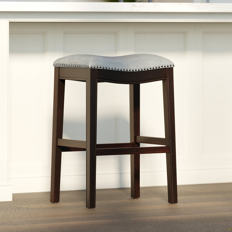 31In. H Bar-Height Wood Barstool With Gray Faux-Leather Seat, 1PC, Gray