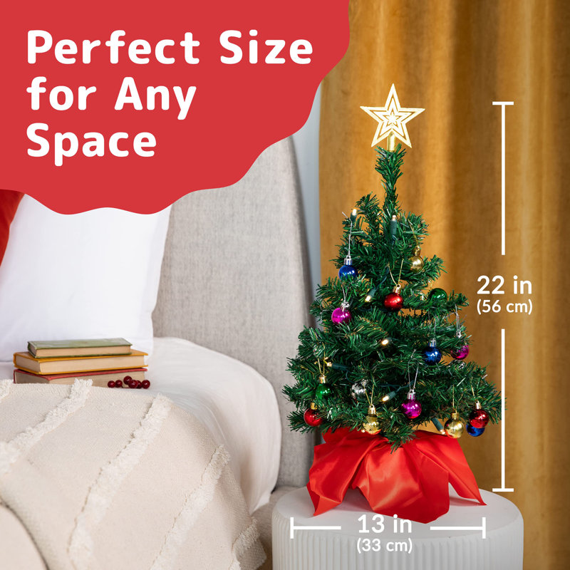 Ensemble de mini arbre de Noël de 23 pouces avec lumières à DEL, dessus en forme d'étoile, ornements et boîtes-cadeaux - Petit arbre de table pour bureau ou table - Décorations des Fêtes faciles à installer