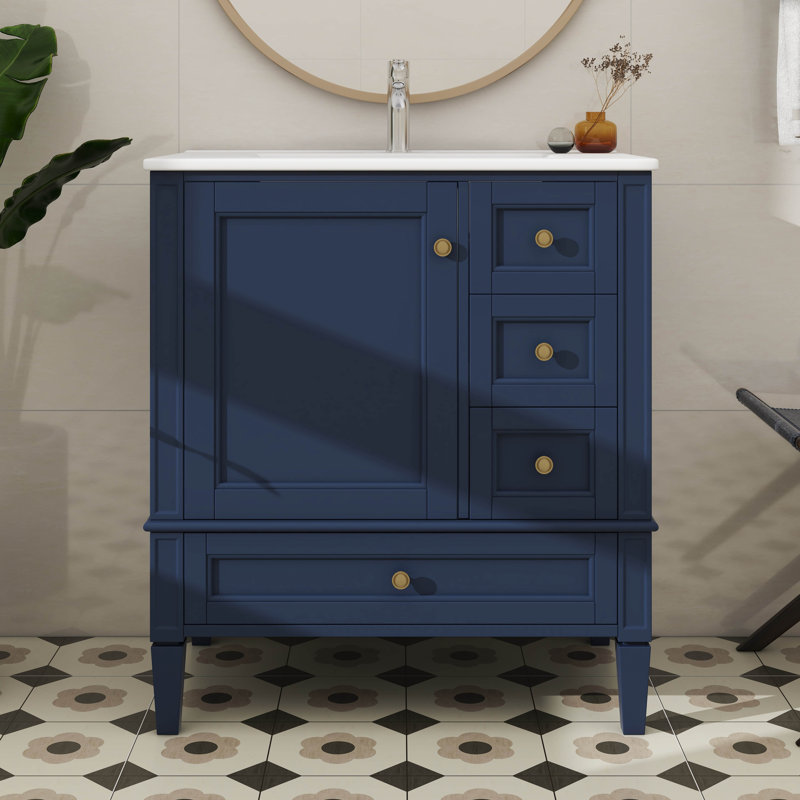 Armoire de meuble-lavabo autoportante moderne 30 "avec lavabo 3 tiroirs 1 porte, Bleu