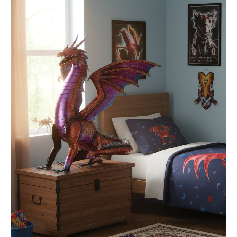 Statue de jardin dragon en métal 30 po avec peinture tridimensionnelle détaillée et résistante aux intempéries, Rouge