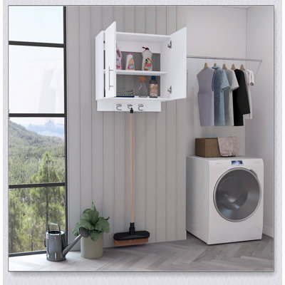 Kymo Wall Storage Cabinet, 2 Doors, Broom Hangers -White