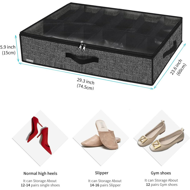 Sturdy Under Bed Shoe Storage Organizer, Set Of 2, Fit 12 To 24 Pairs, Underbed Shoes Closet Storage Solution With Clear Window, Breathable, L29.3 X W23.6 X H5.9, Linen-Like Black