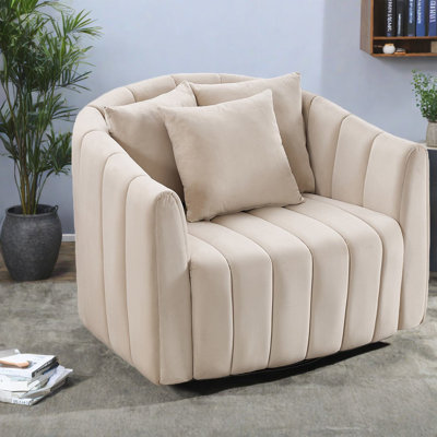 Fauteuil demi-tonneau pivotant moderne en velours beige de 39 po