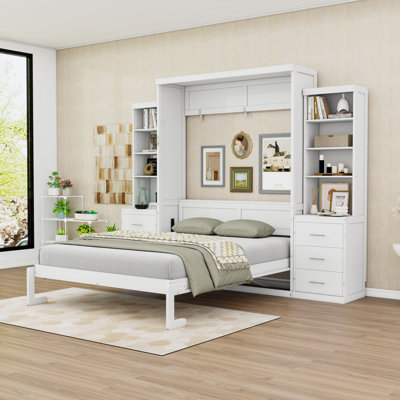 Lit escamotable en bois peu encombrant avec plusieurs tablettes et tiroirs