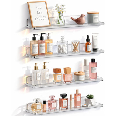 Clear Acrylic Floating Shelves, Set of 4 Wall Mounted Display Shelves, 14" Bathroom Organizer for Perfume, Makeup, Nail Polish, Books, Figures, Home Decor