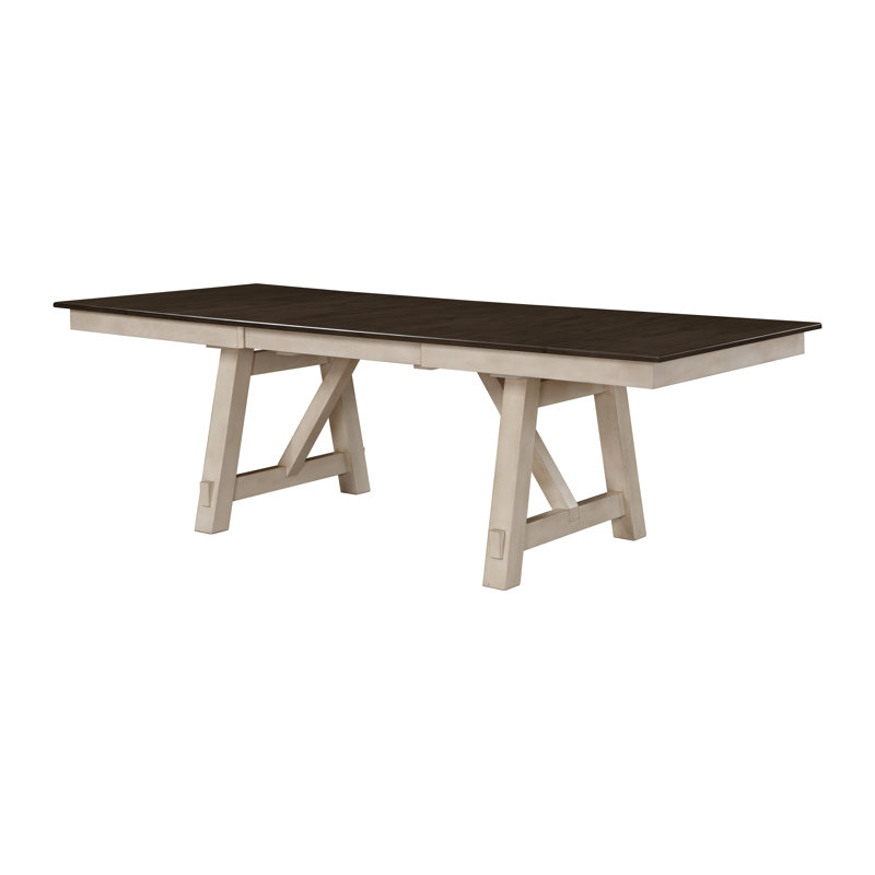 Table de salle à manger extensible de style maison de campagne avec feuilles autoportantes, base à tréteaux, finition bois bicolore crème et grise