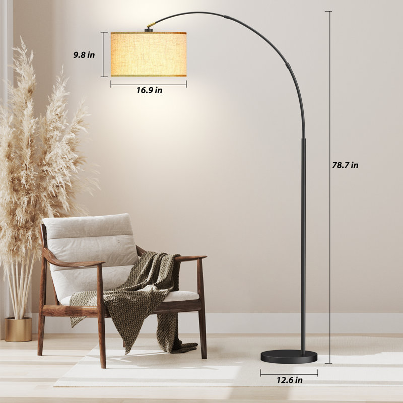 Asem 78.7'' Arched/Arc Floor Lamp with Remote Control, LED Bulb Included, and Big Drum Shade, Beige, Matte Black