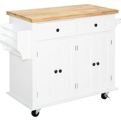 Rolling Kitchen Island Cart With Concealed Cabinets, Drawers, And Rubberwood Surface - Practical Storage , White, Offers Top, Spice Rack, Towel Rack Spacious Drawer Space For Use