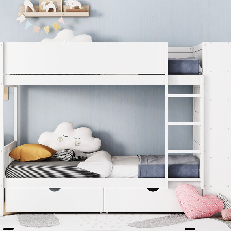 Lit simple superposé au-dessus, blanc avec tiroirs et armoire - offre un espace de rangement supplémentaire pour les livres, le tiroir