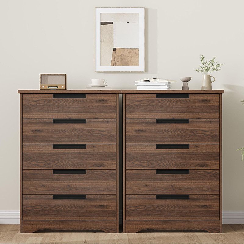 Walnut 5-Drawer Dresser with Hidden Handles, Wooden Chest for Bedroom, Living Room, Entryway, Nursery