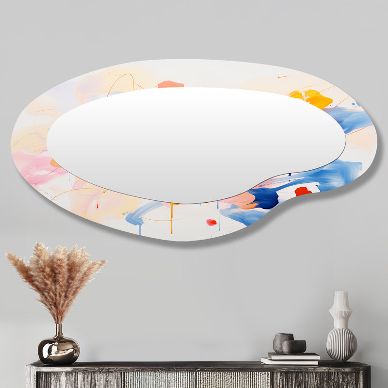 Encre ludique bleue et rose - peinture abstraite, décoration murale en métal - miroir mural moderne asymétrique