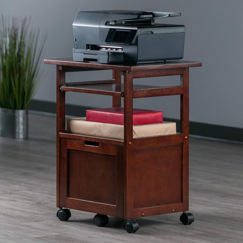 Mobile Printer Station And Organizer With Storage Drawer, Solid And Composite Wood Construction, Walnut Finish, Assembly Required