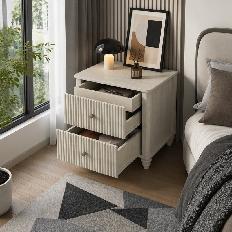 Ensemble de chambre à coucher 3 pièces avec lit plateforme très grand Kernie et 2 tables de chevet cannelées, Beige