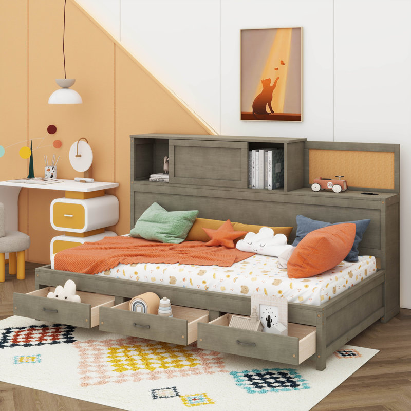 Lit de jour pratique en bois simple avec trois tiroirs de rangement, tablette souple supérieure et ensemble de prises et ports USB