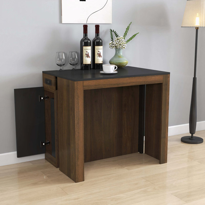Table de salle à manger extensible avec prise intégrée, 5 panneaux d'extension et rangement, Noyer / noir