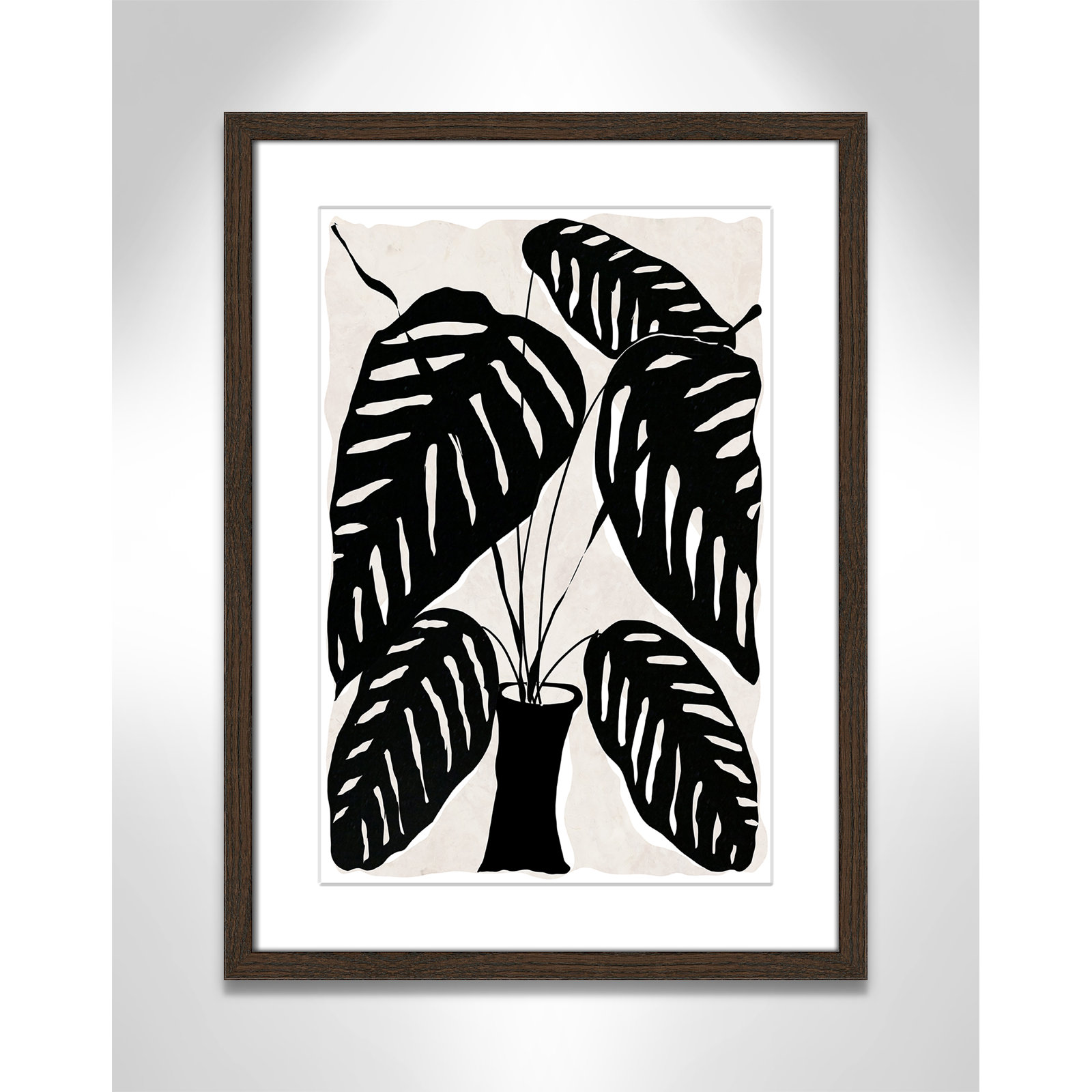 Black and White Potted Plant I Print, 23" H x 17" W x 0.75" D, Walnut Framed