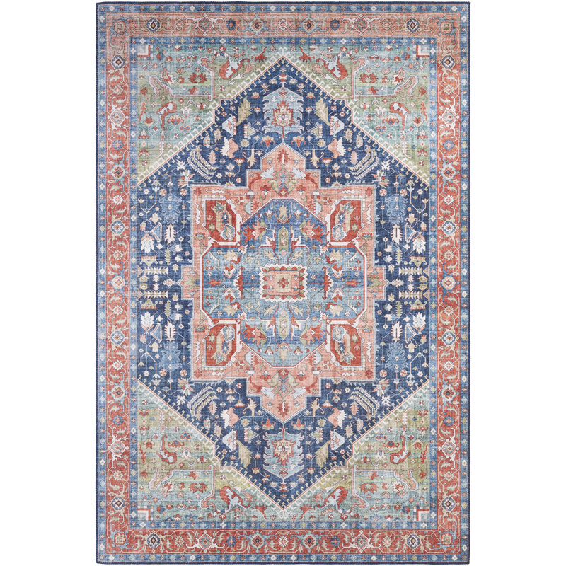 Tapis bleu marine / pêche Fleckenstein, Rectangle 2 pi 3 po x 3 pi 9 po
