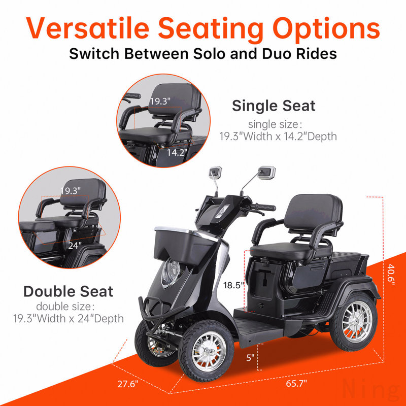 Scooter de mobilité multi-sièges. Conception robuste, stable et confortable pour les voyages