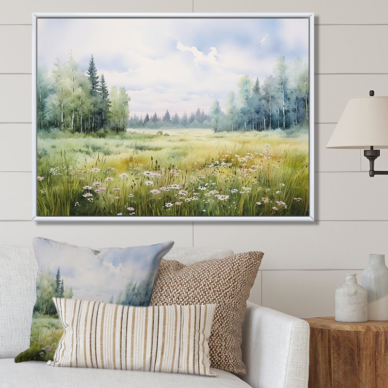 Meadow Scenery Minimalisme V - Art mural prairie, H 30 po x l 40 po x P 1,5 po, Cadre flottant blanc