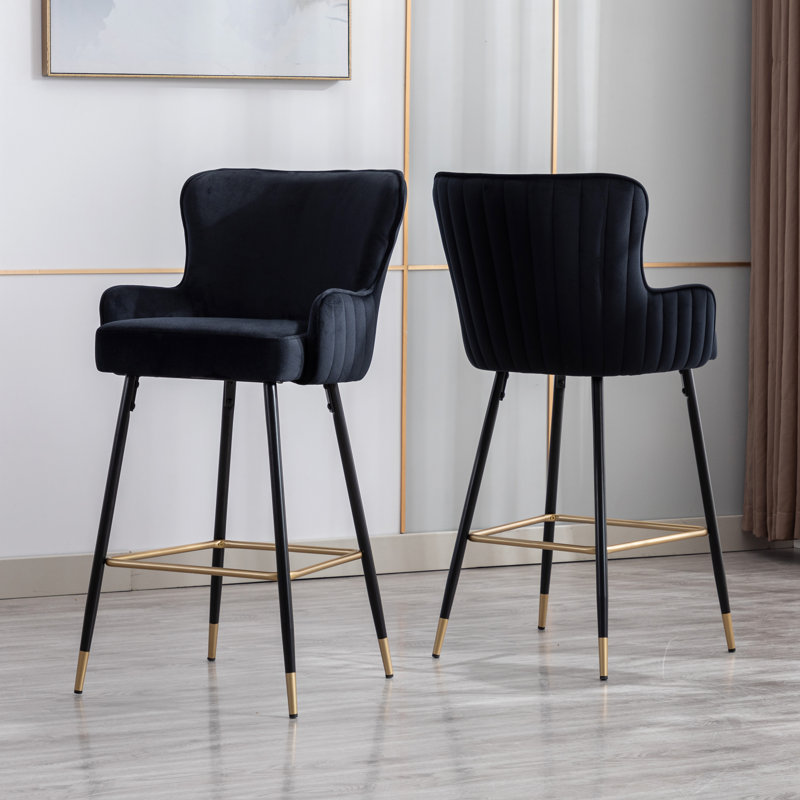 Semire Upholstered Full Back Bar & Counter Stool with Square Armrests and Metal Footrest, Luxury Bar Stool for Living Room