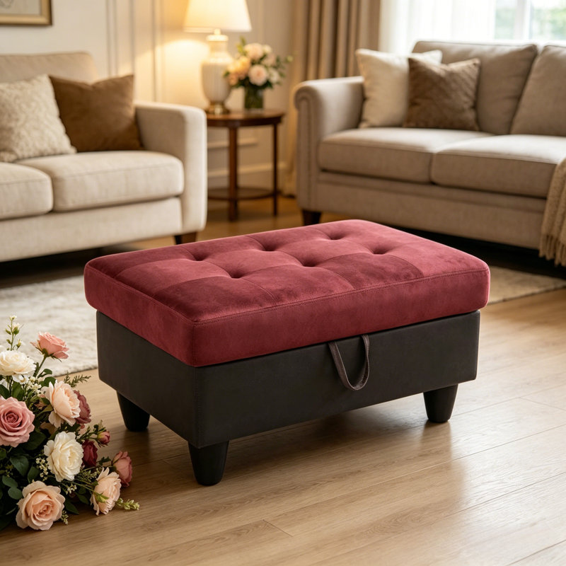 Darryn 35" Wide Upholstered Storage Ottoman, Red Velvet