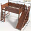 Lit mezzanine simple avec tablettes de rangement et garde-robe, structure en bois massif, glissière amovible, échelles, aucun sommier nécessaire, naturel profond-667965448-667965450