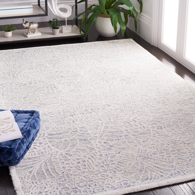 Tapis bleu / ivoire en coton / laine / coton touffeté à la main Gorete, Rectangle 5 pi x 8 pi