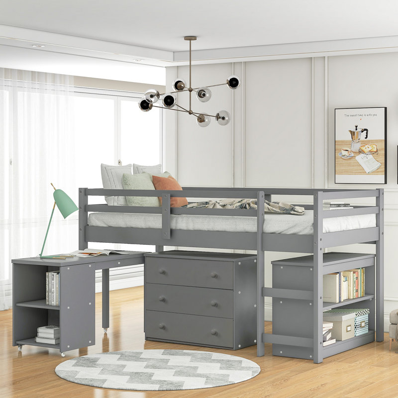Lit mezzanine basse avec cabinet et bureau portatif à roulettes, Gris