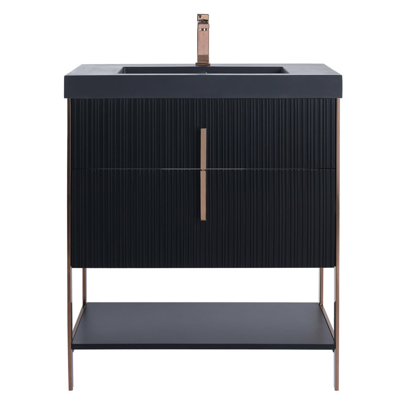  Serenity Modern Bathroom Vanity with Black Gel Acrylic Top, Black Matte/Rose Gold, 30", Black