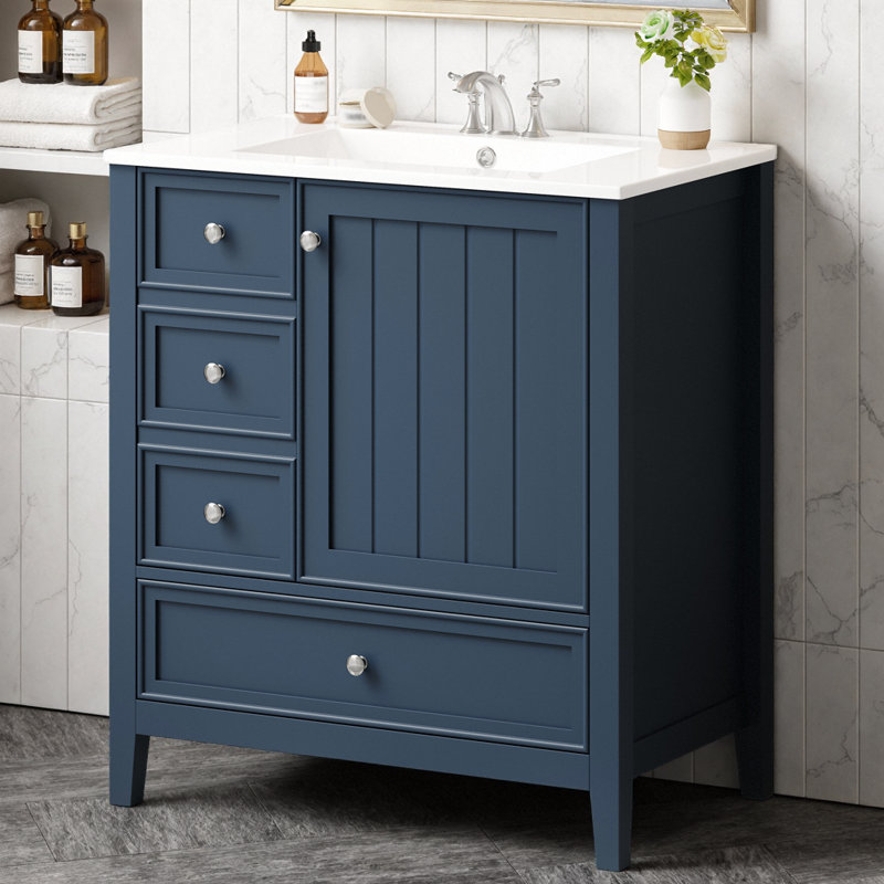 Meuble-lavabo de 30 po avec lavabo, armoire en bois massif et panneau de fibres à densité moyenne, trois tiroirs et une porte, lavabo en céramique avec trop-plein, finition peinte, rangement de salle de bain moderne autoportant avec poignées rondes argentées