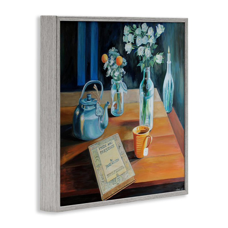 Théière et livre, giclée de natures mortes, design par Violeta Vollmer, Estampe numérique Farmhouse, H 17 po x l 17 po