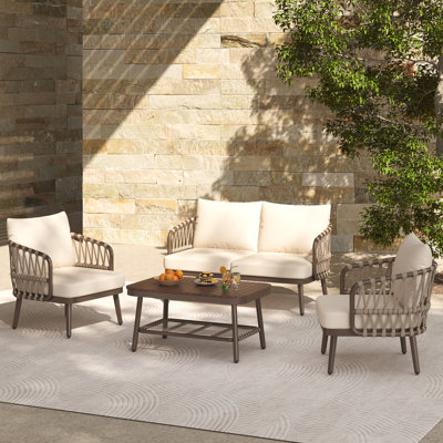 4-Piece Outdoor Patio Conversation Set with Woven Rope Backrest, Cushions and Metal Frame Chairs, by Hokku Designs