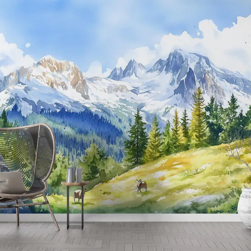 Mur enneigé des montagnes alpines enneigées et de la vallée Evergreen, L 96 po x l 108 po
