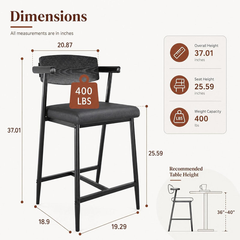 Bar Stools Set of 8, 26" Counter Chairs with Wood Back & Arms, Rustic Black
