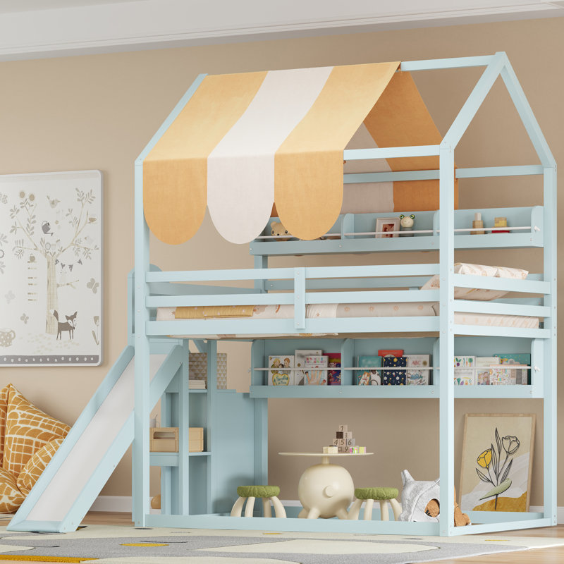 Full Over Full House Bunk Bed With Slide, Storage Shelves, Staircase, Wood, Contemporary, Kids Bedroom, Light Green