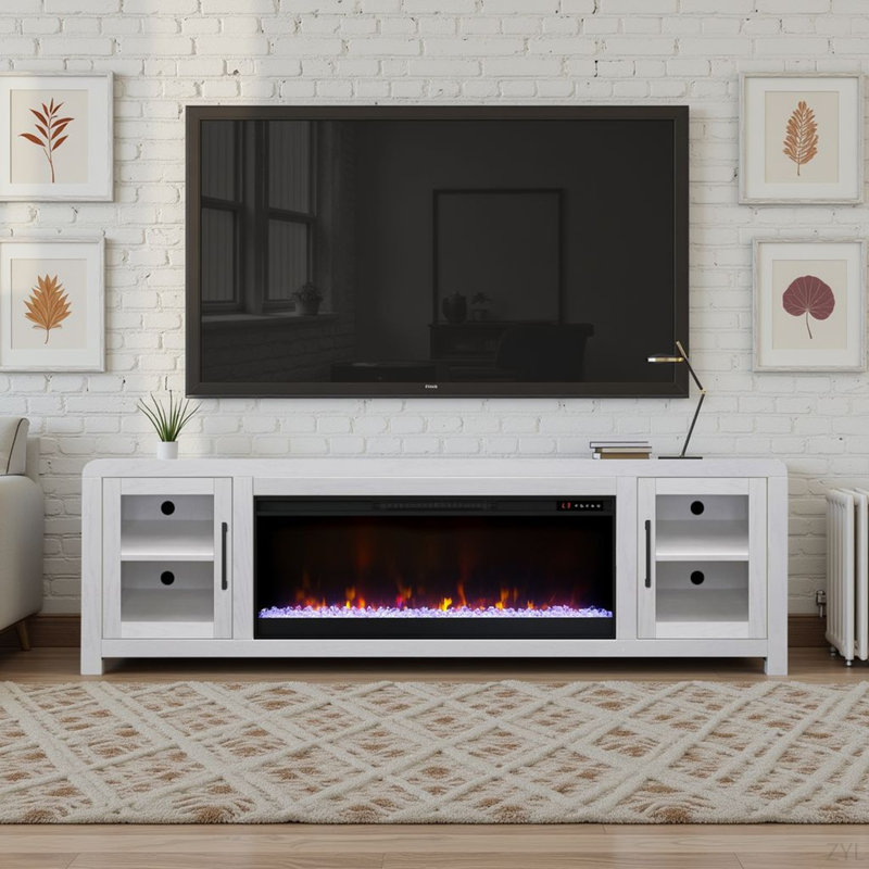 Meuble télé avec portes vitrées, H 26 po x L 82 po x l 17 po, Blanc