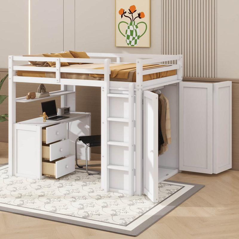 Lit mezzanine polyvalent avec tiroirs de rangement intégrés, bureau de travail spacieux et armoire de style armoire, Blanc