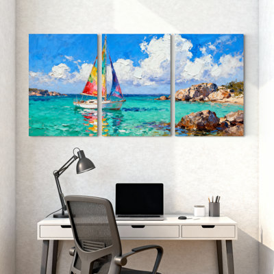 Nautique, voilier, eau, rivage rocheux, ciel, nuages, réflexion, ensemble de 3 impressions sur toile