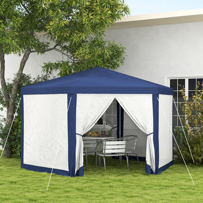Auvent de réception hexagonal bleu 13 pi x 11 pi, abat-jour extérieur avec parois latérales en filet. Convient pour le camping, les occasions, la protection, les cordes et les piquets, deux entrées à fermeture à glissière