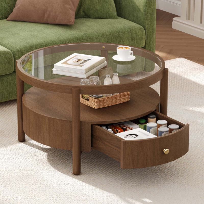 Table basse circulaire en bois massif avec plateau de rangement en verre massif avec rangement Mid-Century moderne Mid-Century pour le salon