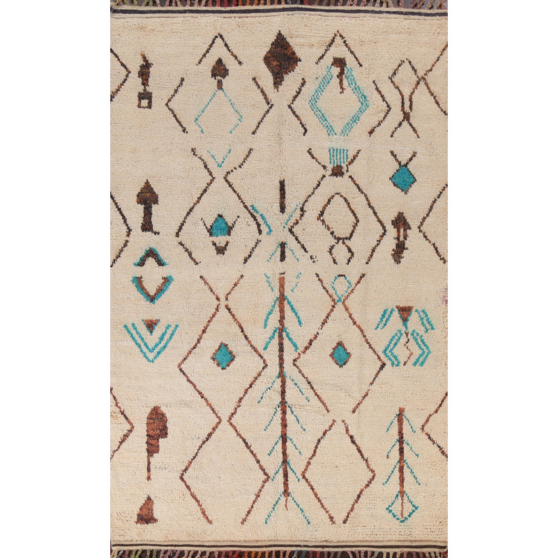 Tapis beige en laine noué à la main de conception unique 7 pi 1 po x 9 pi 11 po