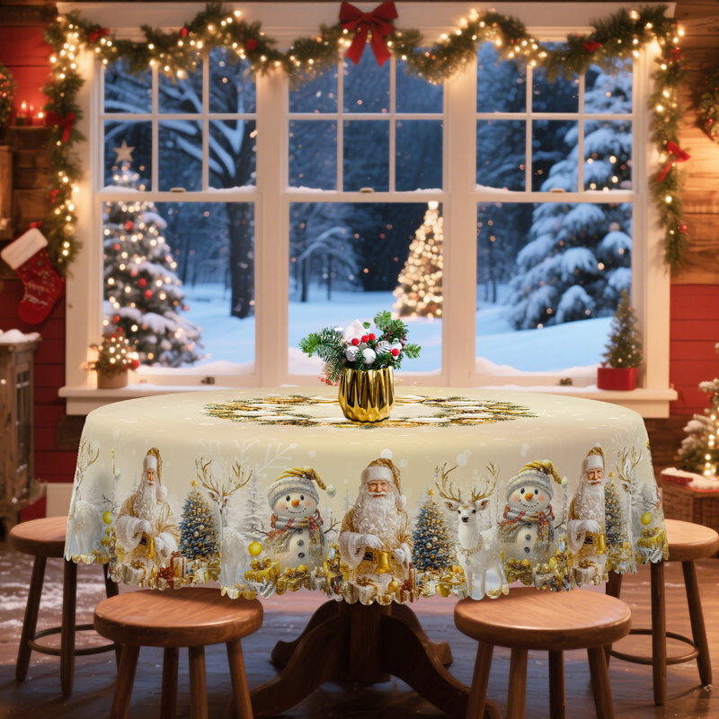 1pc Rustic Polyester Christmas Lenart With Golden & White Vintage Santa Claus & Reindeer Design, Durable Woven Fabric For Festive Holiday Kitchen Decor,Round Table, Rectangle Table Cover, Indoor/Outdoor Use, Christmas Gift