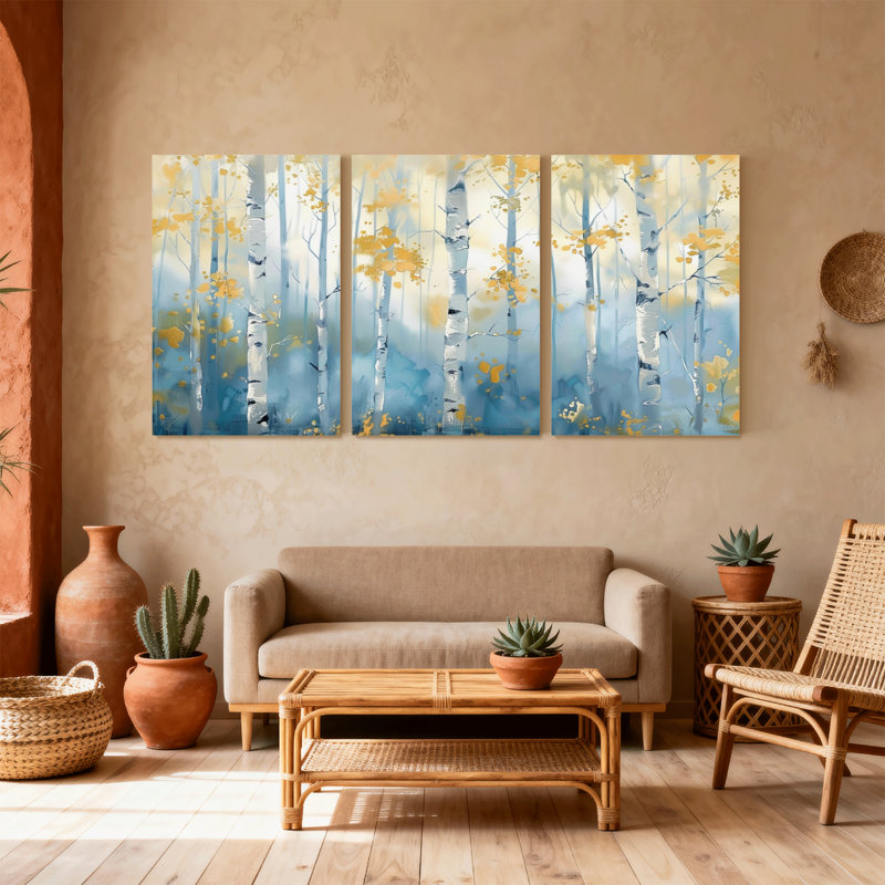 Paysage et nature, bouleaux d'automne, feuilles d'automne, ciel bleu, ensemble de 3 impressions sur toile, H 18 po x l 36 po