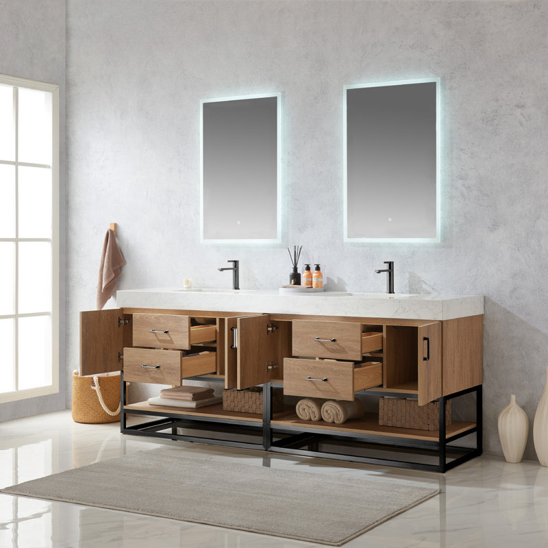 Ensemble de meuble-lavabo double 84 po avec miroir Alistair, Blanc, Chêne naturel, Noir mat